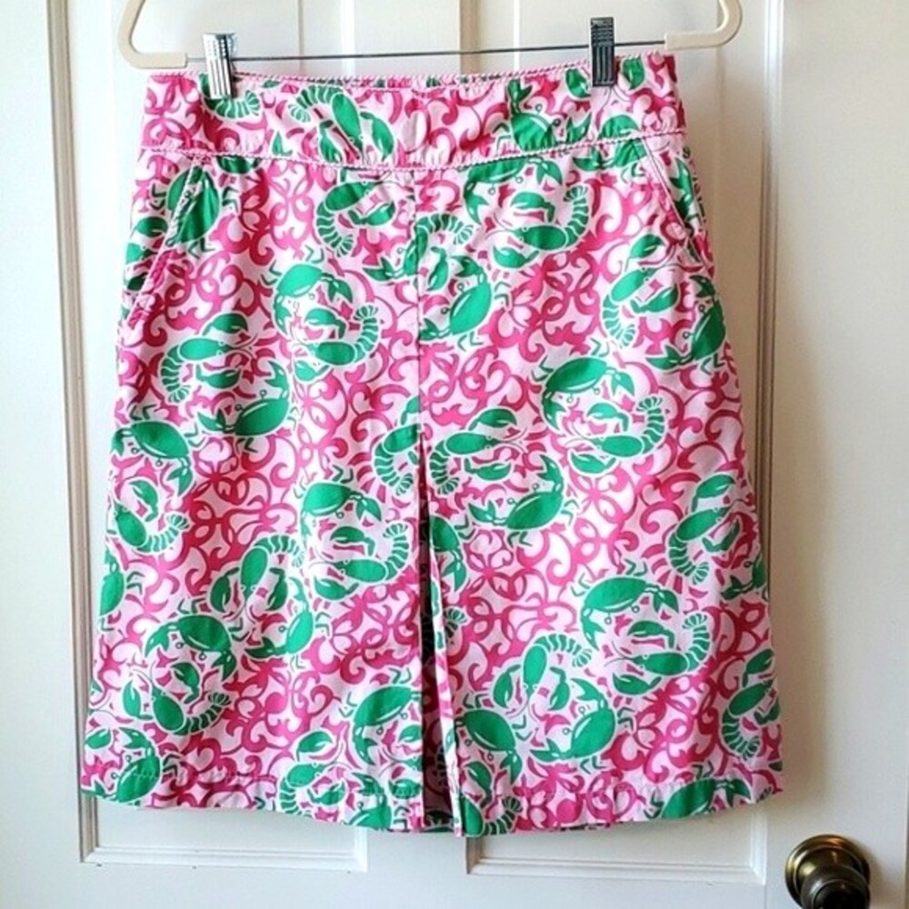 LL BEAN LOBSTER CRAB PINK GREEN COTTON SKIRT SIZE 8 PREPPY BRIGHT SUMMER BEACHY